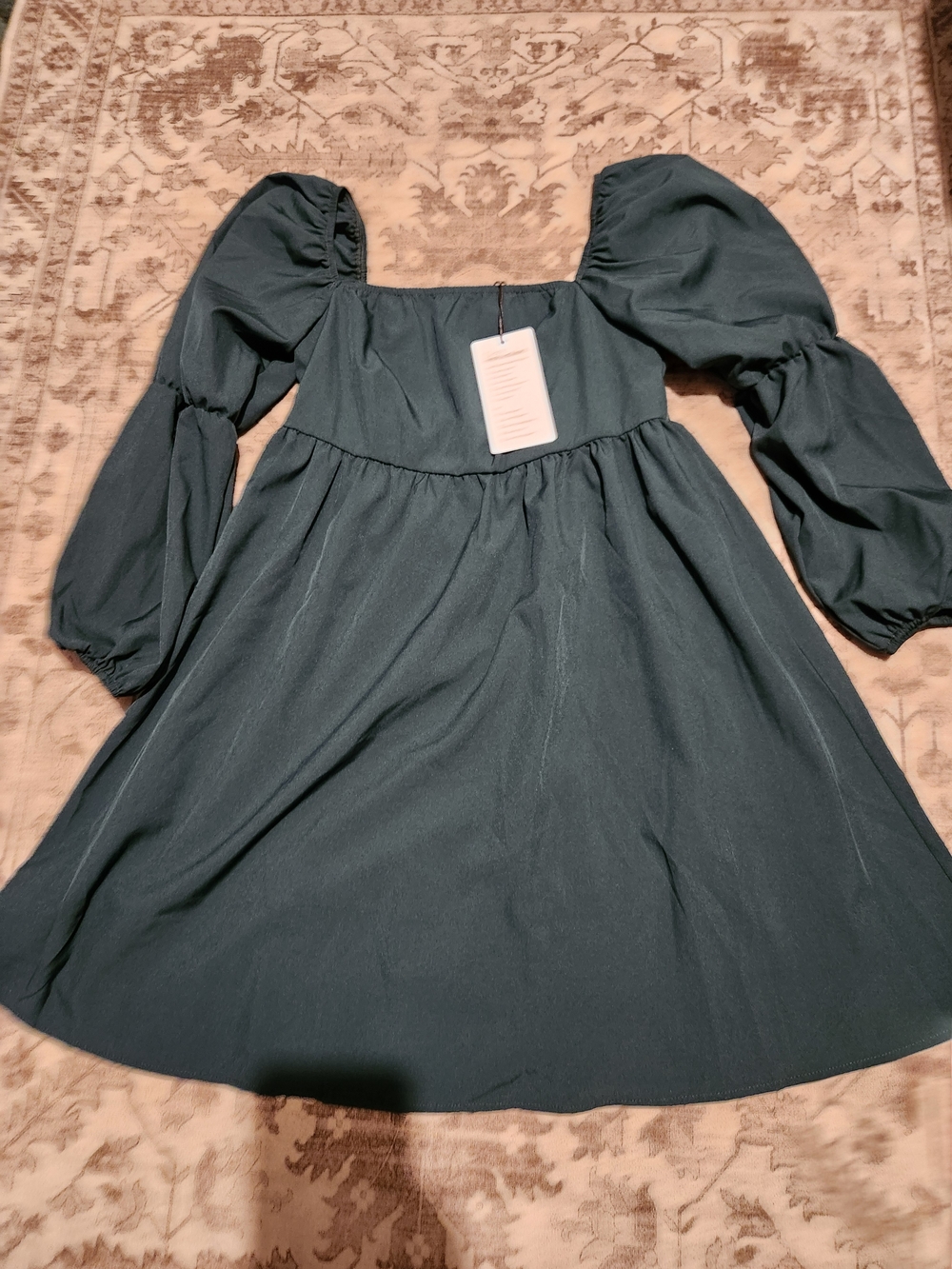 Square-Neck Puff Sleeve Blouse Dress in Deep Teal